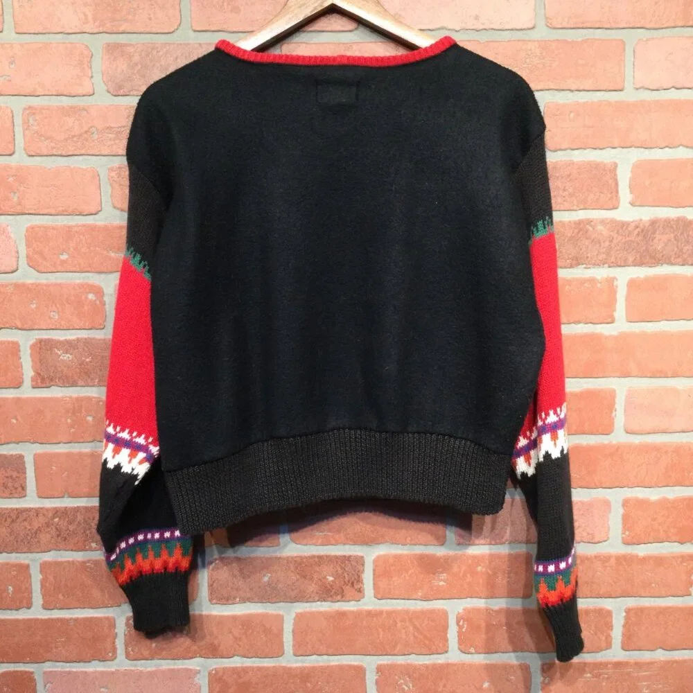Vintage 90s 62 East Womens Aztec Cardigan Sweater Zip Front Black Red Western M